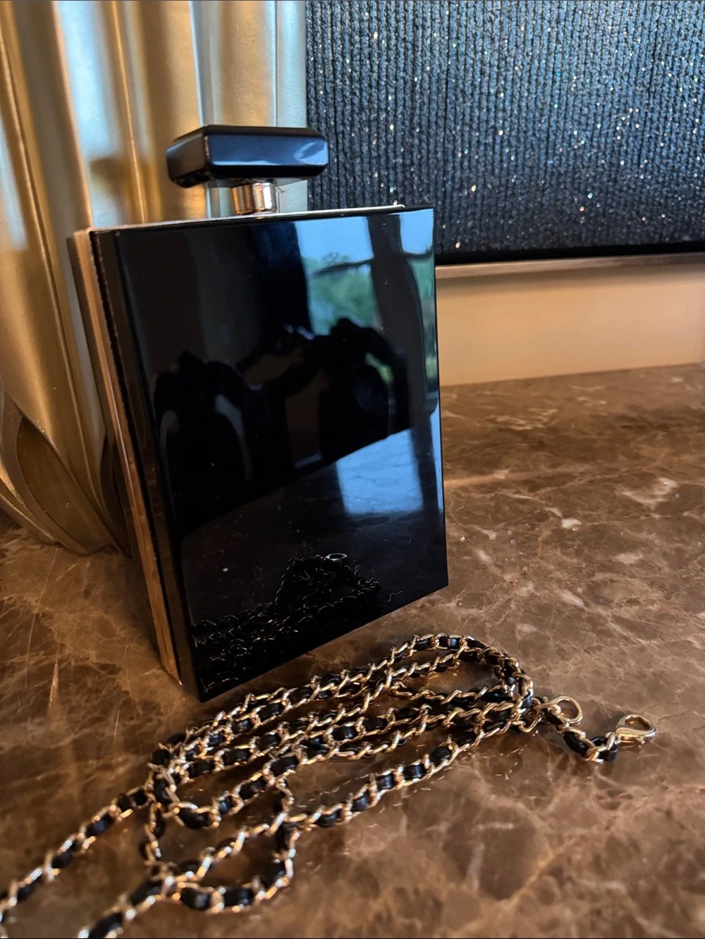 Black Paris Bottle-Style Chain Crossbody Bag